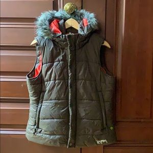 Cute, comfy Burton vest with snap on hood.